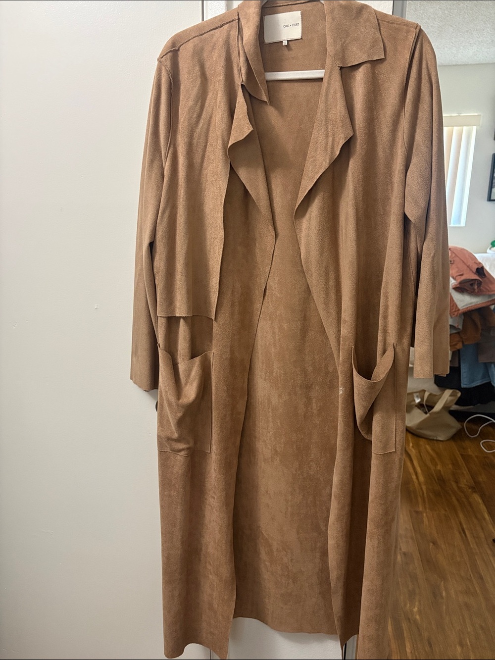 OAK + FORT Suede Long Trench Coat - Camel Brown